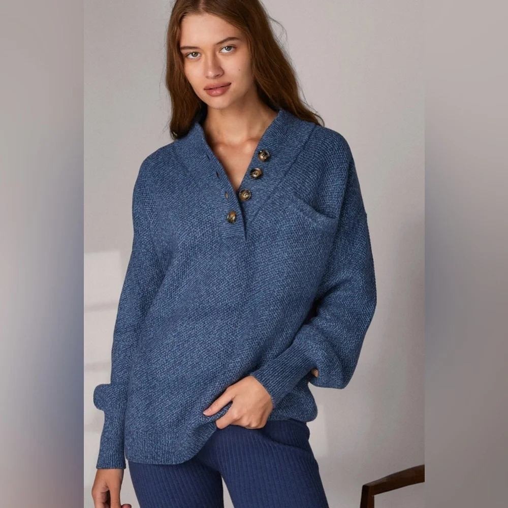 Lunya Cozy Cotton‎ Silk Henley Sweater Women's Medium M Blue Marl Knit Lantern
